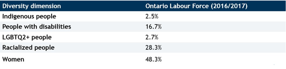 Diversity Dimension includes:
2.5% Indigenous people
16.7% People with disabilities
2.7% LGBTQ+ 
28.3% Racialized people
48.3% Women
