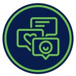 Blue and green icon with speech bubbles.