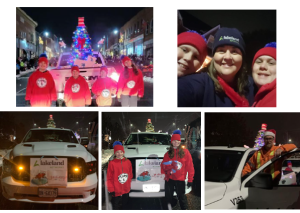 A collage of 5 photos from the Bracebridge Santa Claus parade 2023.